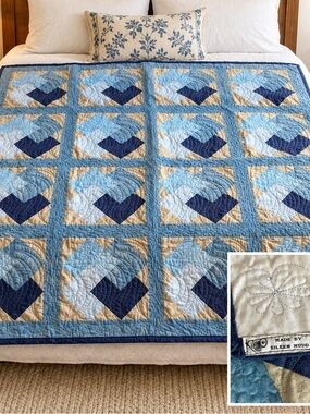 Eileen Nudd vintage handmade quilt 55 x 55 Custom, long arm card trick blue sand